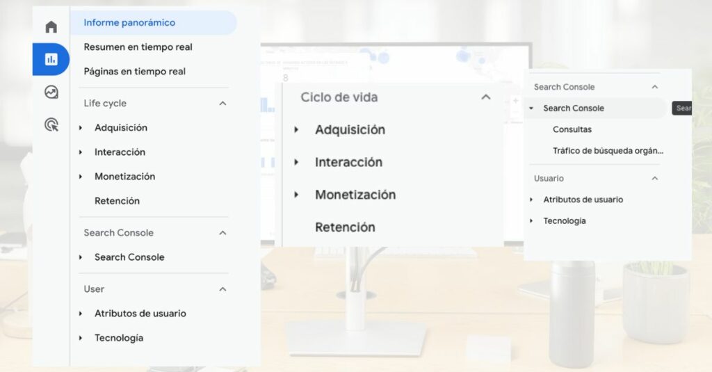 Menú de informes en Google Analytics4